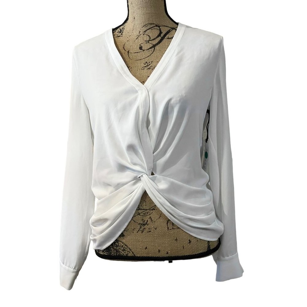 Symphony + Note Long Sleeve White Blouse Knotted / Wrap Front Shirt, Size S NWT